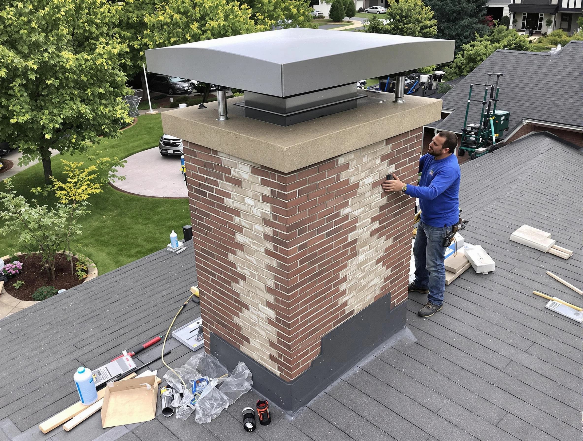 Hampton Chimney Sweep team working on a custom chimney remodel in Hampton, GA