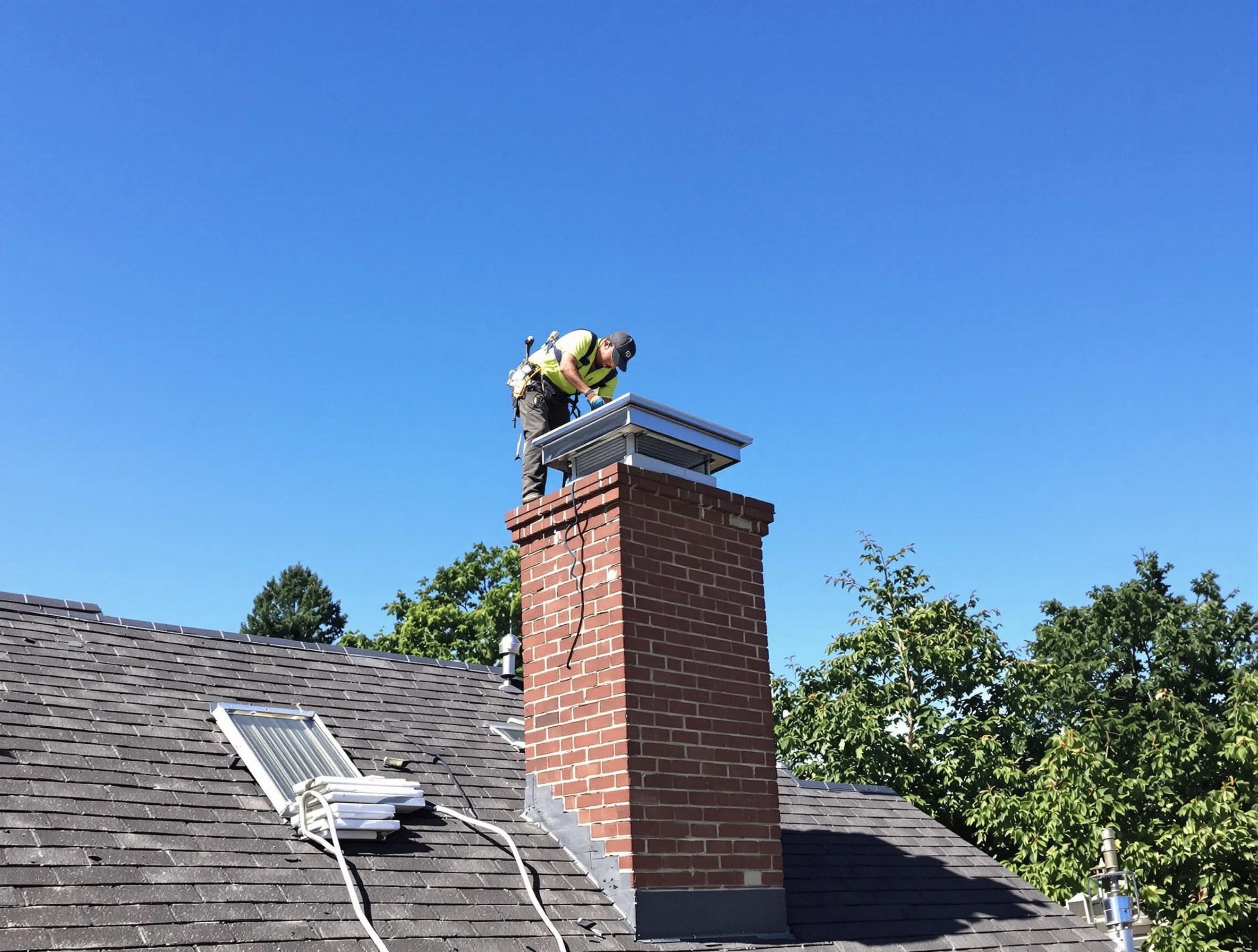 Hampton Chimney Sweep technician measuring a chimney cap in Hampton, GA